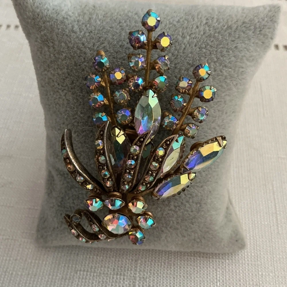 Selina Vintage Iridescent Aurora Borealis Rhinestone Gold Tone Brooch